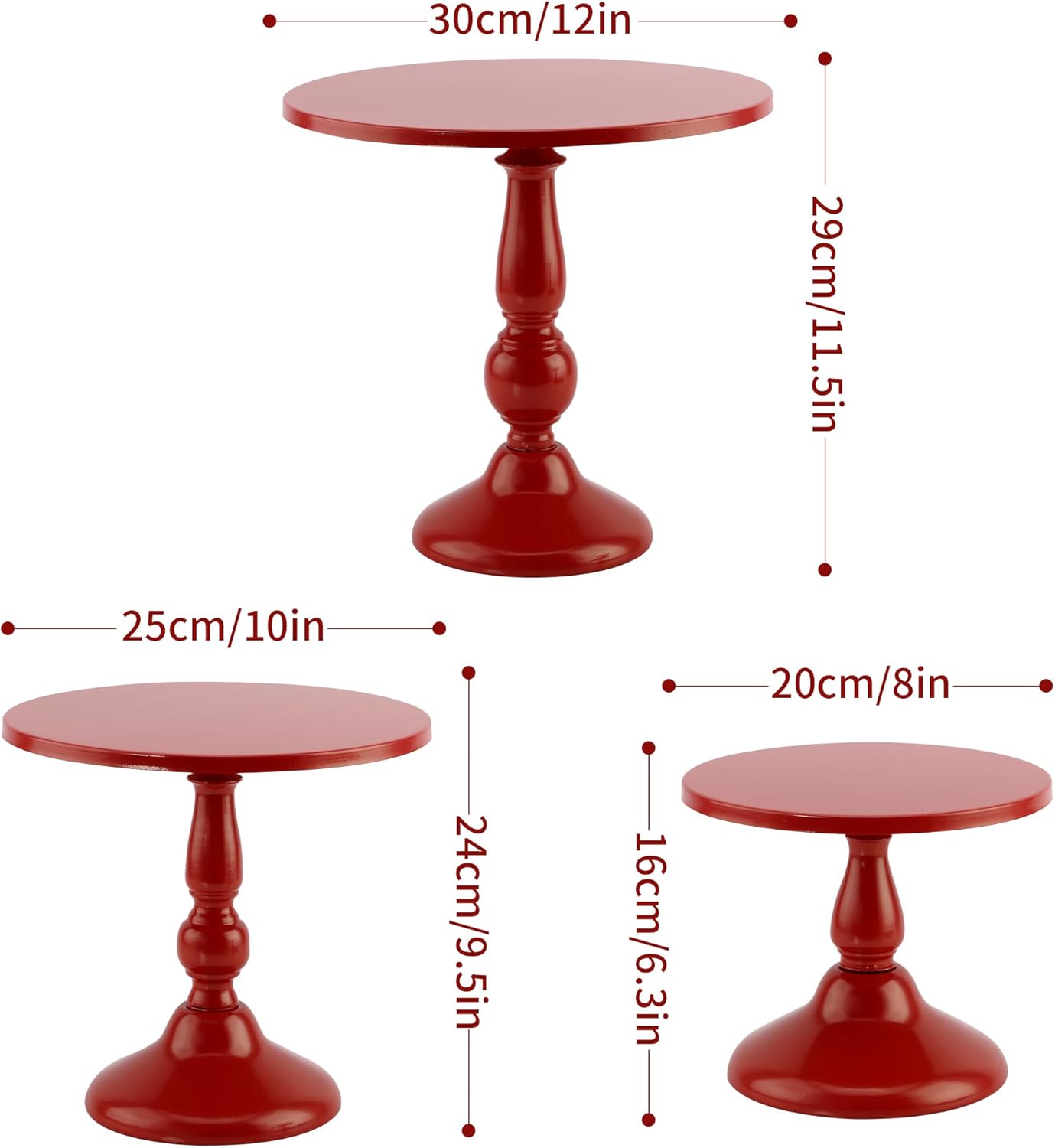 Set of 3 Red Cake Stands, QENUIITEA Metal Round Cake Holder Dessert Pie Pizza Display Stand 8" 10" 12" Serving Tray Decoration for Wedding Celebration Party Birthday Baby Shower