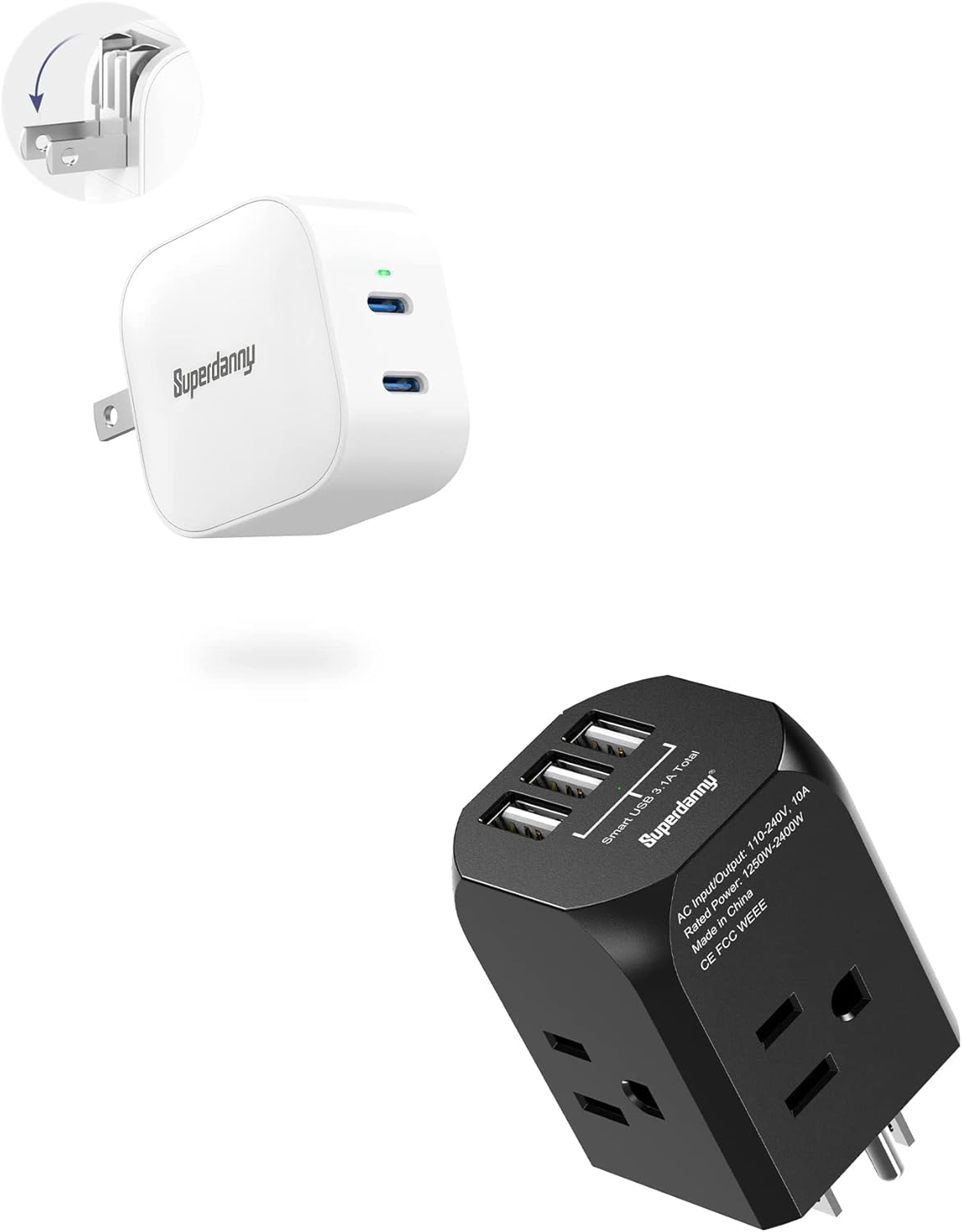SUPERDANNY Outlet Splitter with 4 Electrical Outlets & 3 USB Ports