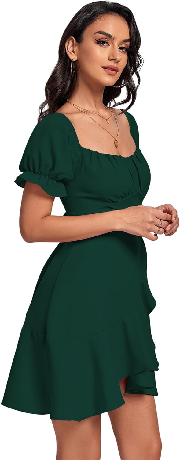 LYANER Women's Square Neck Ruffle Wrap Mini Dress Off Shoulder Flounce Short Sleeve A Line Flowy Dress - Image 4