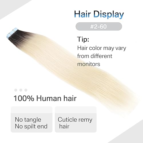 Miniatura 4 de Extensiones de cabello humano con cinta adhesiva, raíces de color marrón oscuro degradado a rubio platino, 18 pulgadas, 1.41 oz (1.41 oz), lacio,