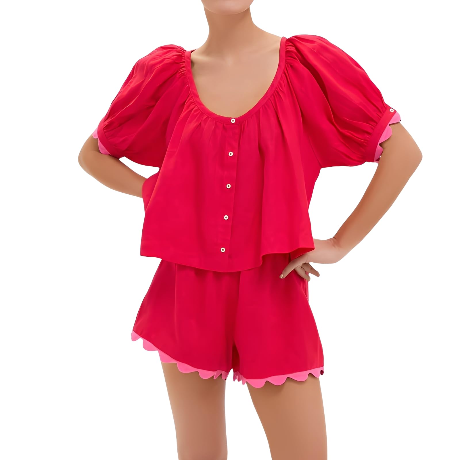 Photo 1 of VAOYIU Two Piece Sets for Women Casual Summer Gingham Outfit Puff Sleeve Crew Neck Top Matching Shorts Set with Scalloped Hem