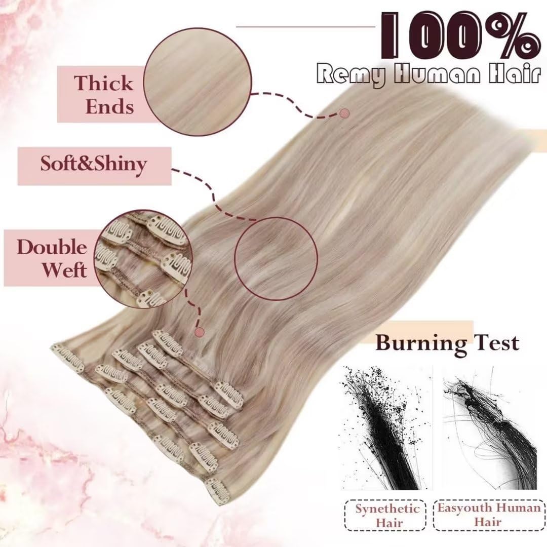 Easyouth Clip in Hair Extensions Human Hair Blond Clip ins Human Hair Extension 20Inch Ash Blonde Highlights Bleach Blonde Remy Hair Extension Clips on for Women 70G 5Pcs #18P613 - Image 4