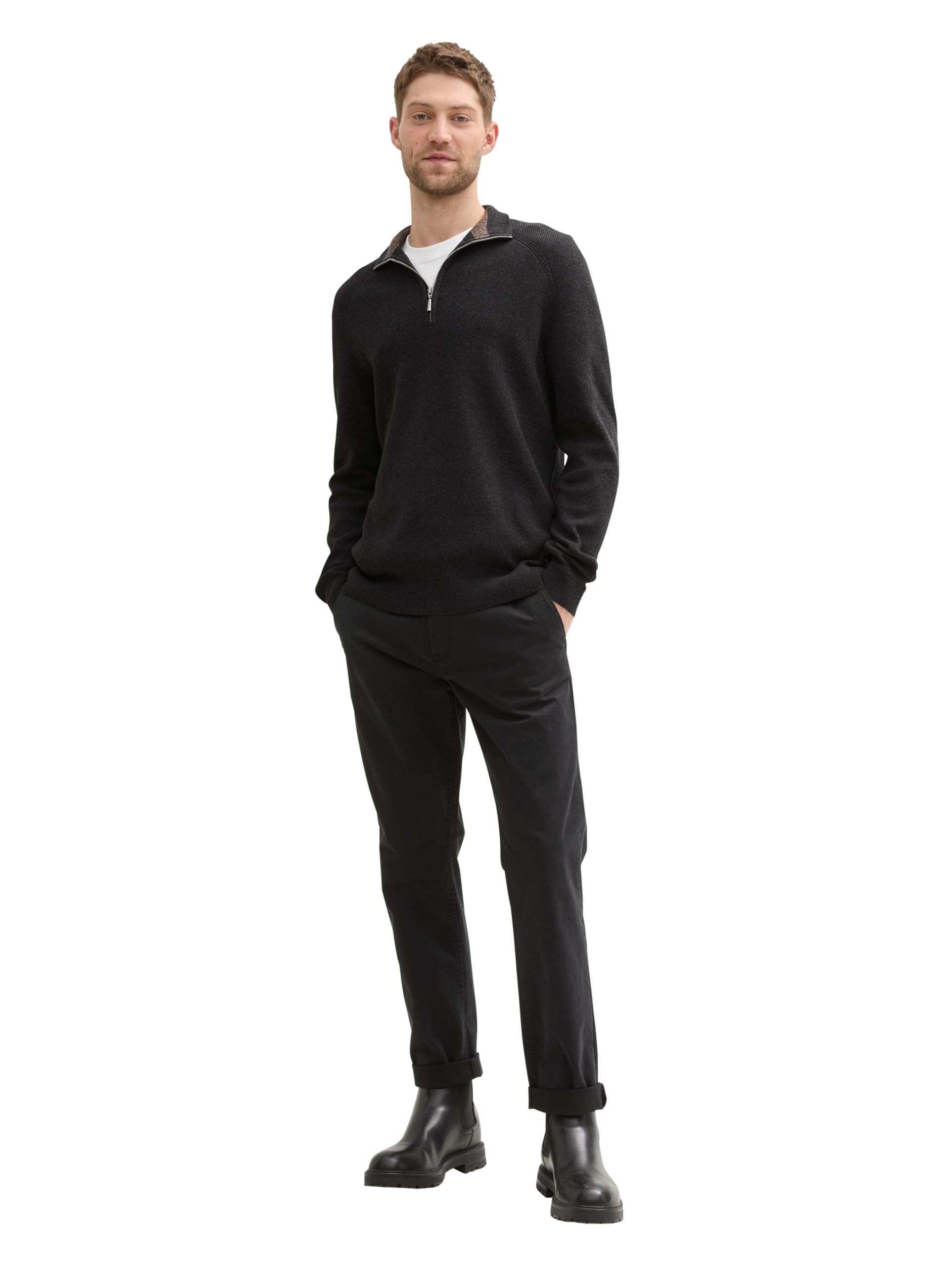 Tom Tailor Herren Troyer Strickpullover aus Baumwolle, 10617 - Black Grey Melange, S – Ansicht 2