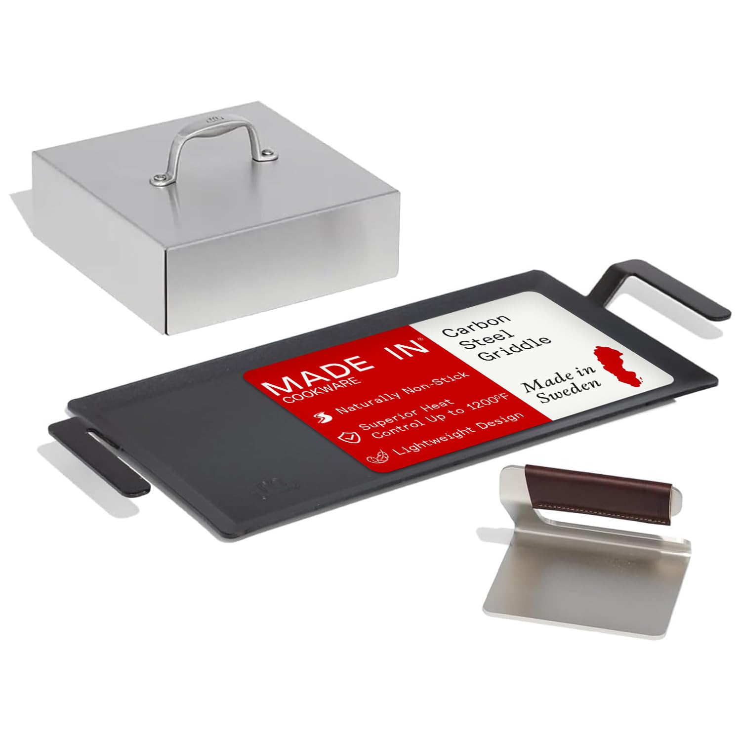 Made in Cookware - Carbon Steel Griddle and Grill Press Set with Half Lid - Professional Cookware - Crafted in Sweden - Induction Compatible