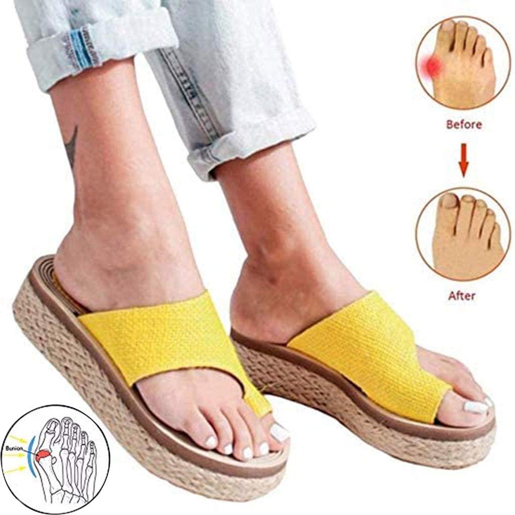 LLKJT Women Platform Sandal Orthotic Shoes PU Leather Flat Sole Big Toe