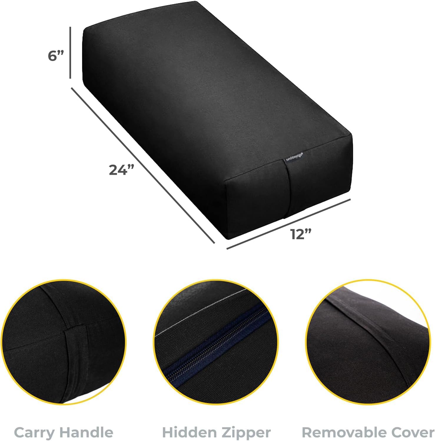 Sunshine Yoga Extra Firm Large Yoga Bolster, 24" x 12" x 6" Cinched OR Zippered Yoga Pillow, Rectangular Cotton Cushion With Removable Cover for Studios, 1 Pack or 2 Pack