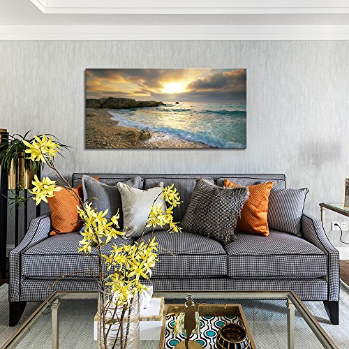 Canvas Wall Art Sunset Beach Blue Waves Ocean Art Large Modern Artwork Canvas Prints Contemporary Pictures Framed Ready To Hang For Home Decoration #TOP2