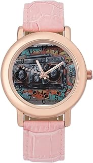 Graffiti Hip Hop Digital Leather Band Watches for Women Dress Watch Fashion Cute Pink Dial Analog Quartz Wristwatch Minimalist Elegant Dainty Ladies Watch for Party Daily Wear & Gift