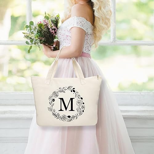 Miniatura 7 de Bolsa de lona personalizada con inicial con cremallera, bolsa de regalo con bolsillo interior y bolsa de maquillaje, gran regalo para mujeres, mamá,