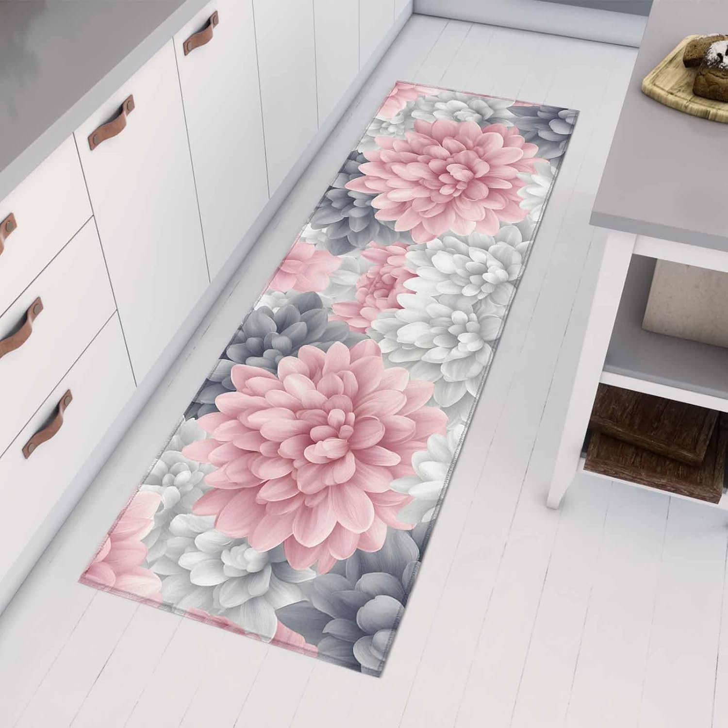 Kitchen Runner Rug, Spring Pink Gray Flower Non Slip Runner Carpet Door Mats Floor Mat for Laundry Bedside Bathroom Bedroom 18"X47.2"