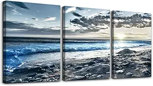 Canvas Wall Art for Living Room & Bedroom - Blue Beach Wall Pictures - Sun & Ocean Paintings - Office Wall Decoration - Seascape Poster Art Prints - Large Size - 20" X 28" - 3 Piece
