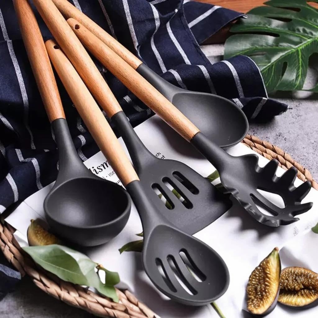 AHASON'S Extra dickes Silikon-Kochutensilien-Set, 230 °C - 230 °C, hitzebeständig, BPA-frei, Zange, Löffel, Spatel, Bürste, Schneebesen mit Halter, Küchenhelfer, antihaftbeschichtet, Kobra-Schwarz