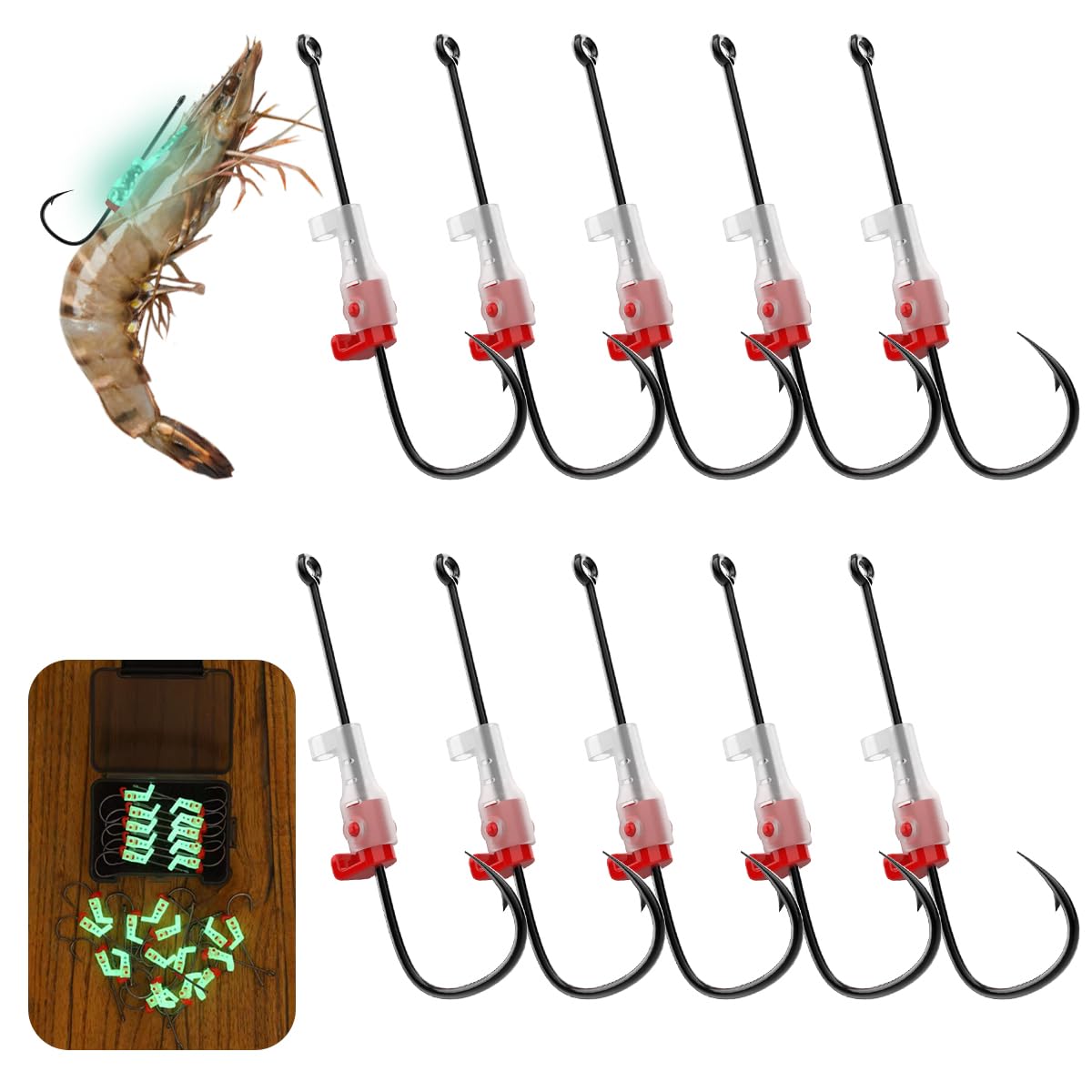 10 Pcs Luminous Live Shrimp Hooks - High Carbon Steel Fishing Hooks with Barbed, Saltwater Corrosion Resistant Strong Hooks, Ideal for Bass, Groupers, Pike & More