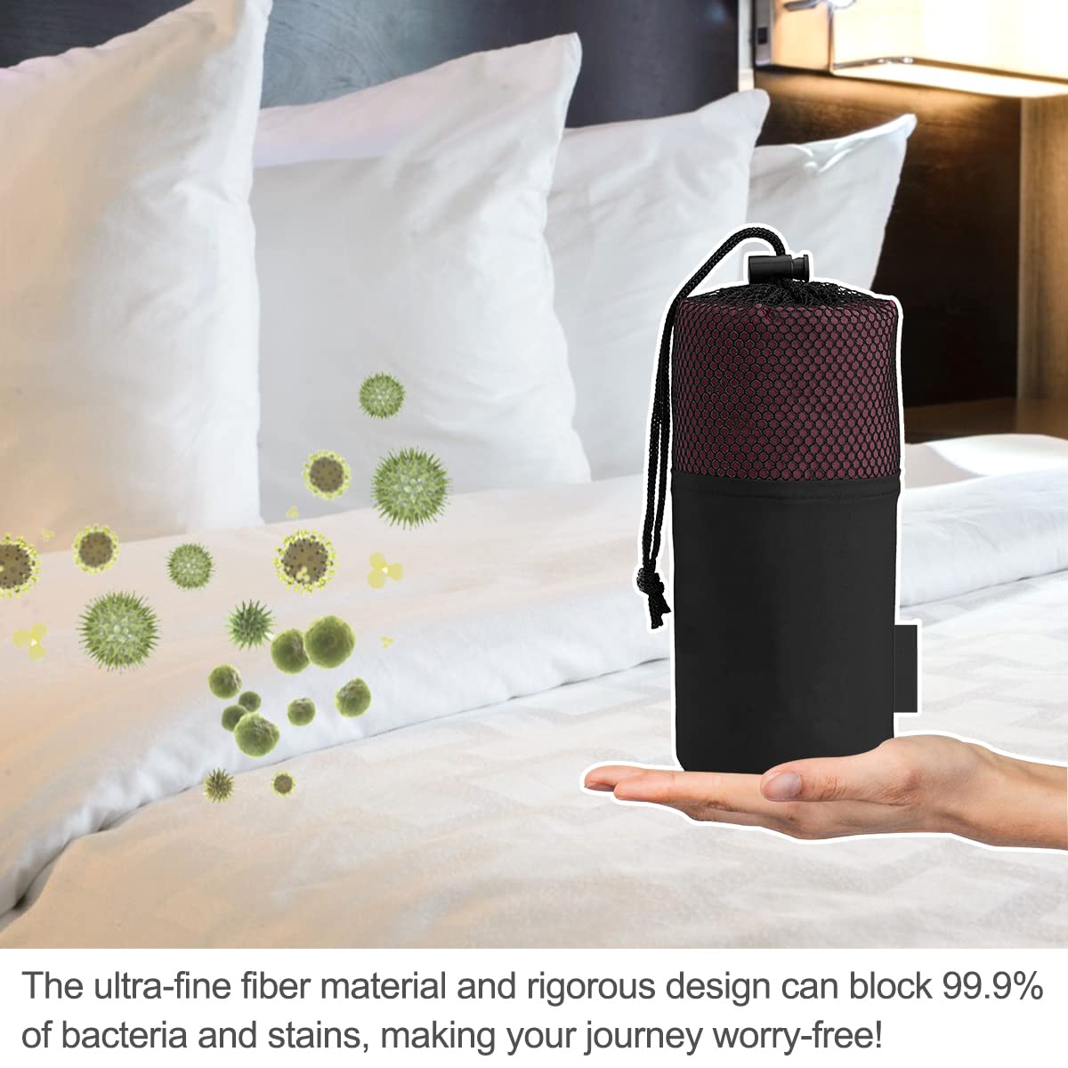 Drap de Sac de Couchage, Sac a Viande Couchage Douce avec Poche d'oreiller, Drap de Sac Ultraléger et Portable pour Hôtels, Randonnée, Camping (Bordeaux)