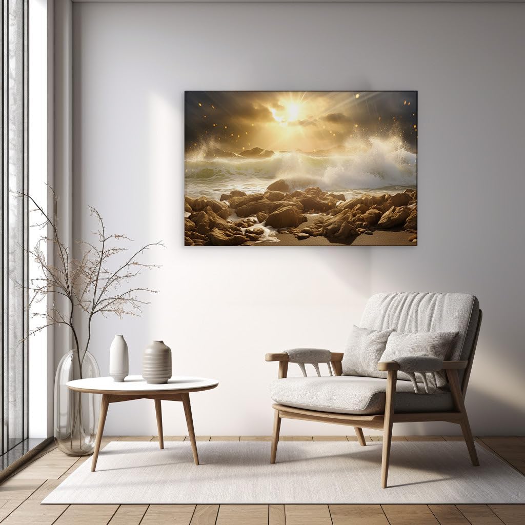 Canvas for Living room. Golden Twilight Drama: Where Crashing Waves Embrace the Sunset's Glow, 27 x 18 inch Canvas Wall Art - Surrealistic Visions - Modern Home Decor