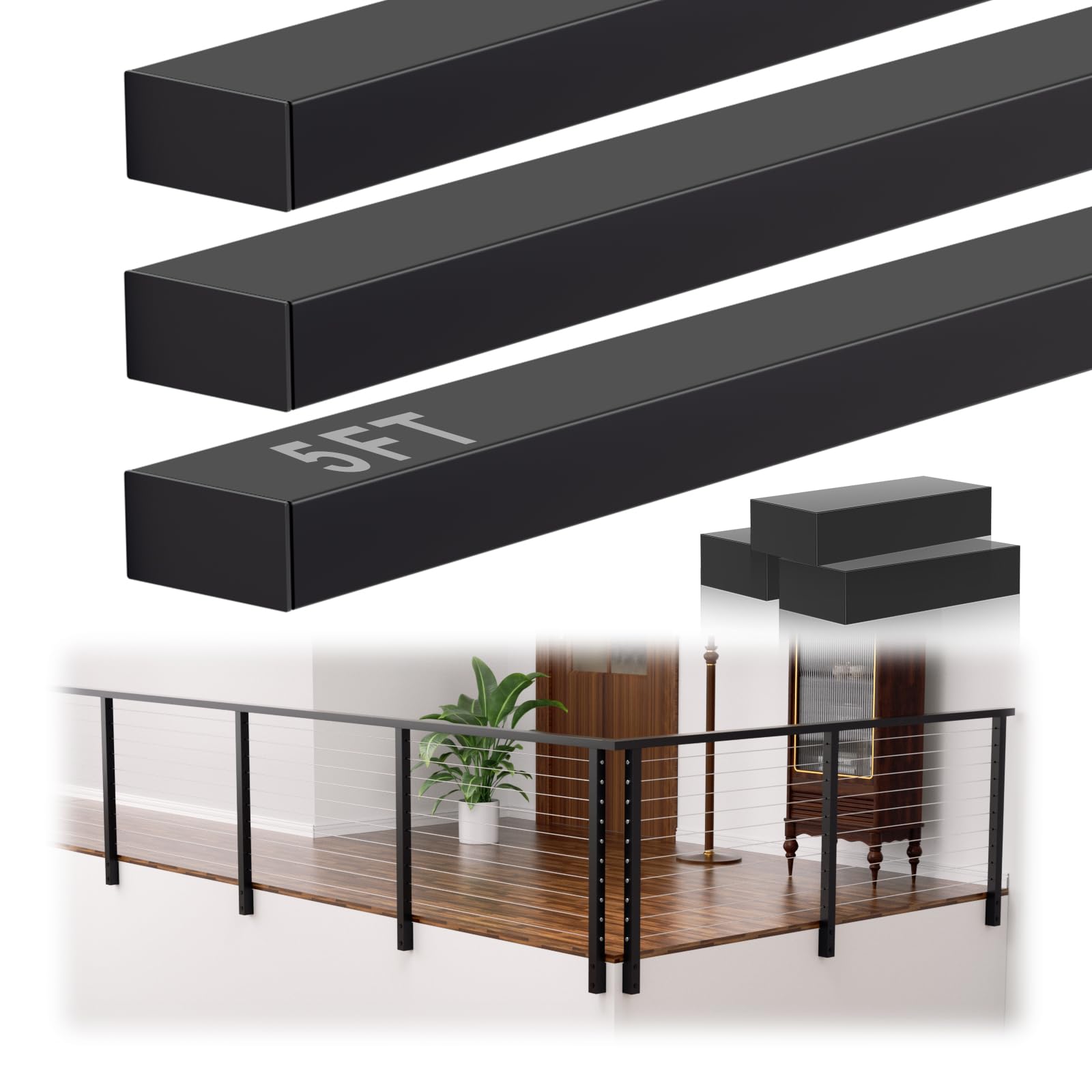 Photo 1 of Gyykzz 5FT Stainless Steel T304 Handrail Black with POM Connector, 3 Pack Rectangular Cable Railing Handrail Flat Deck Top Rail with SS304 End Caps for Indoor Outdoor Deck Stair Cable Railing System