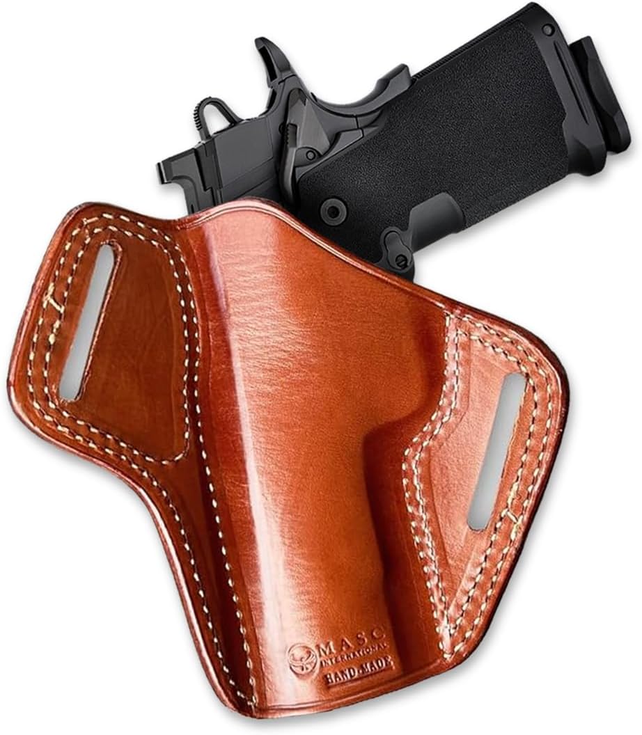 Leather Pancake OWB Belt Holster Open Top Fits 1911 DS Prodigy 4.25-inch, Right Hand Draw, Brown Color #1660#