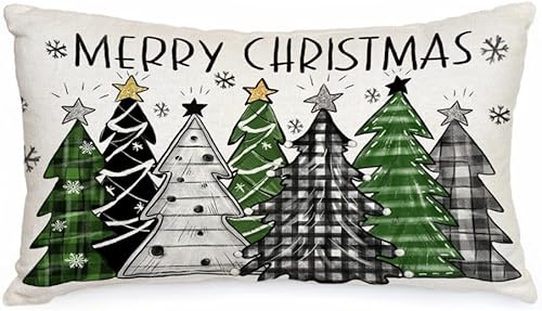 AACORS AA316-12 - Funda de almohada de Navidad de 12 x 20 pulgadas, coloridos árboles de Navidad, decoración de copos de nieve, funda de almohada de