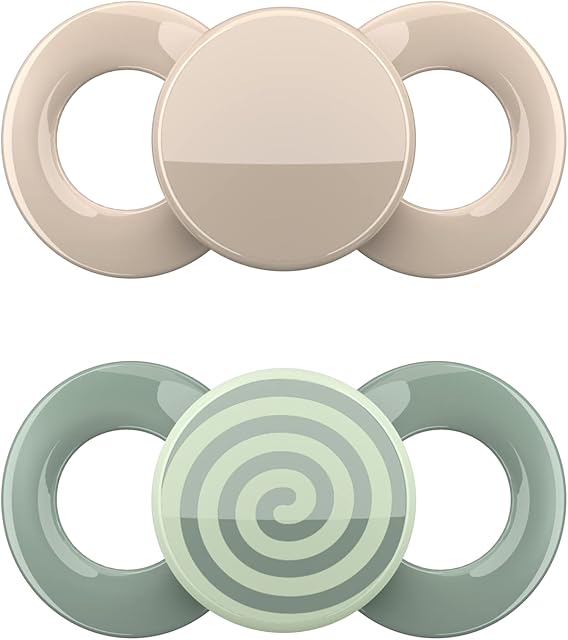 Dentistar® Day & Night Soother Set of 2 - Size 2 for 6-14 Months - Tooth and Jaw Friendly Silicone Soother - with 1 Glow in The Dark Soother - Ivory/Green with Spiral Motif - Made in Germany