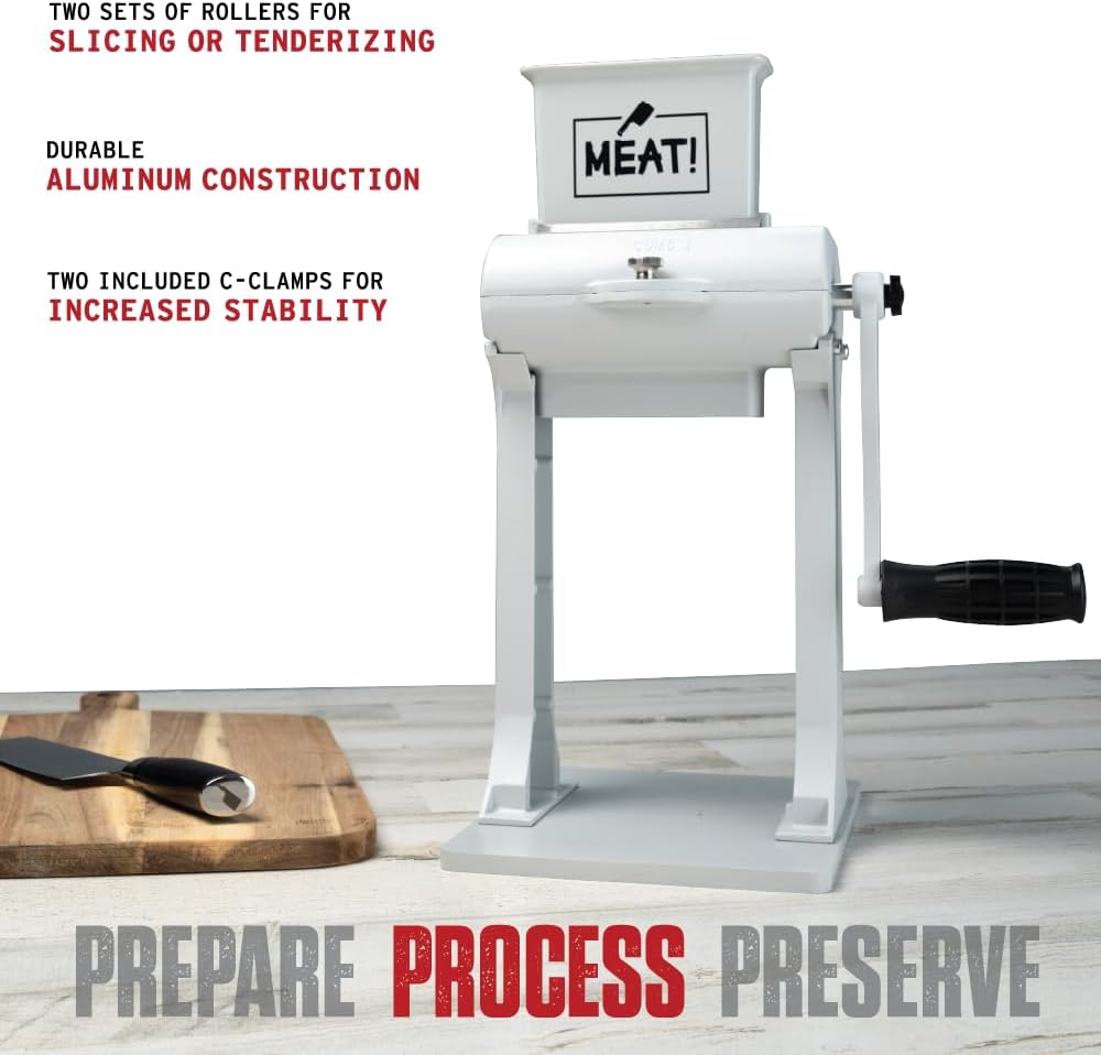 MEAT! Manual Meat Tenderizer and Jerky Slicer with 31 Stainless Steel Blades, Aluminum Construction, Simple Assembly, 2 Roller Sets, For Meat Tenderizing, Jerky Slicing, Meat Processing, and Kitchen