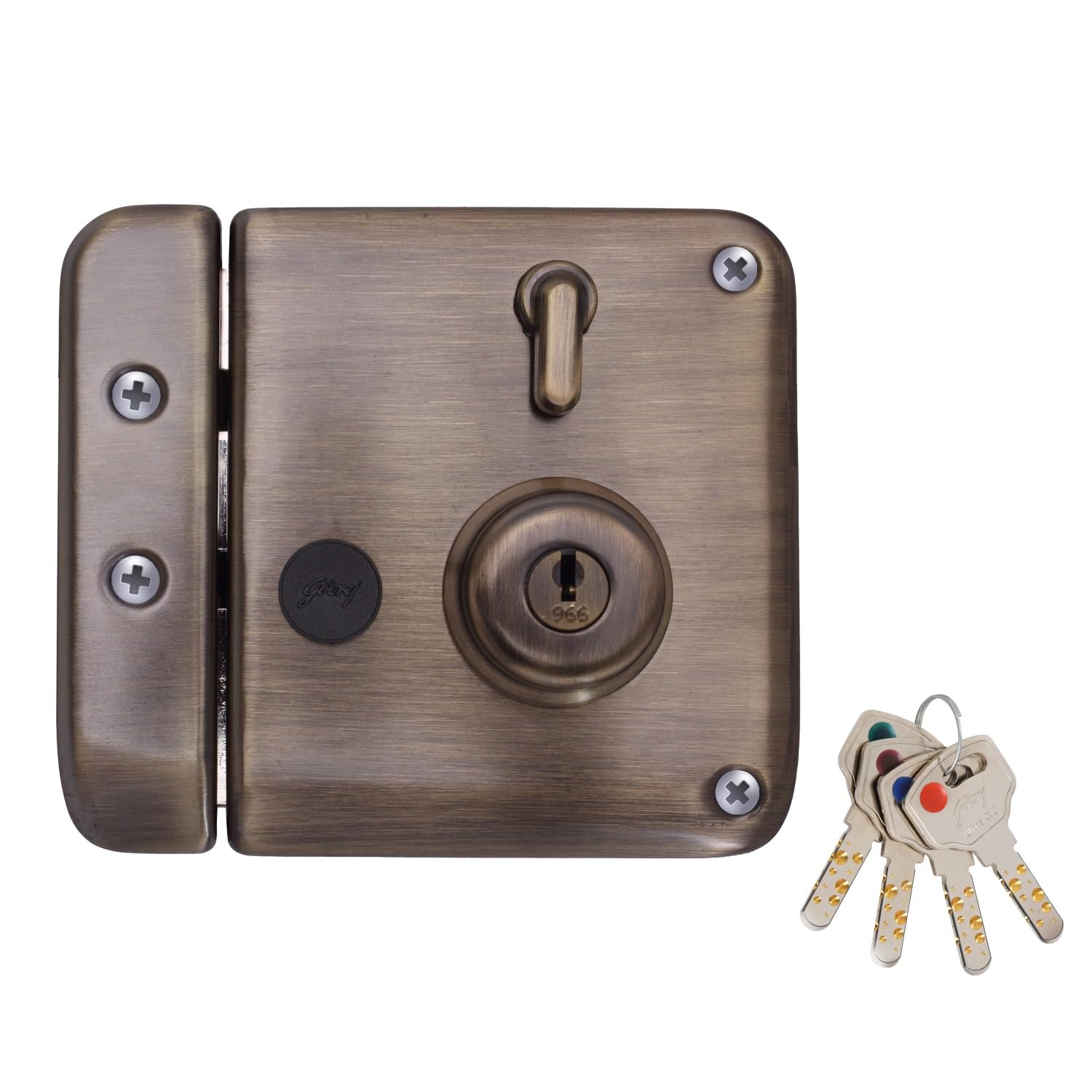 Godrej Rim Lock l Tribolt Ultra XL+ l 2C Deadbolt l for Inside Opening Wooden Door l Left/Right-Handed Doors l 4 Keys l 5-Year Warranty l Manual Locking l Antique Brass Finish