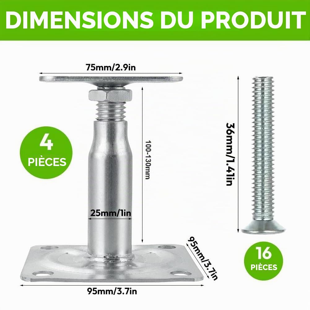 Lot de 4 Supports de Poteau Réglables, Galvanisés, 100-130 mm, pour Support Poteau Bois, Pied de Poteau Réglable, Clôtures, Pergolas, Abris