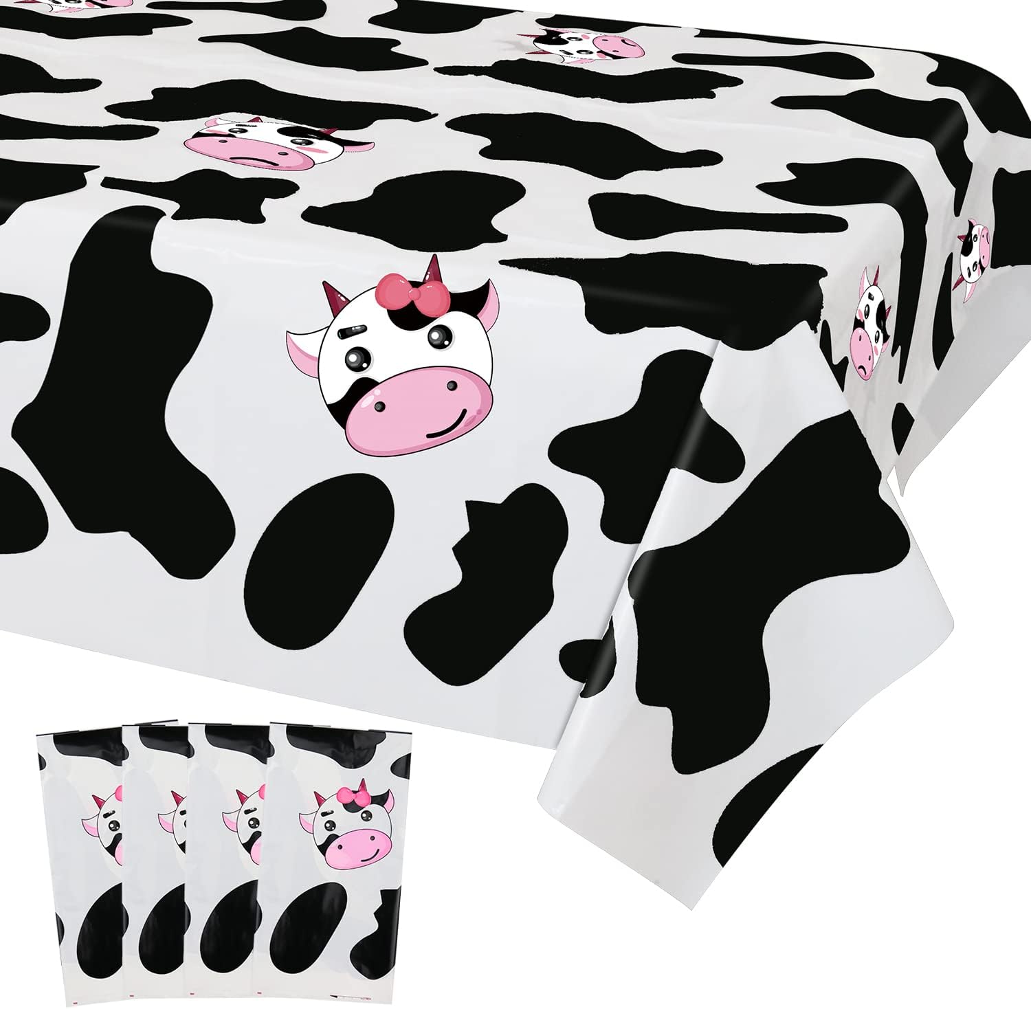 Cow Print Plastic Tablecloth (Pack of 4), 86 x 51 inches Farm Animal Themed Party Tablecovers for Cow Theme Birthday Party Supplies (A)