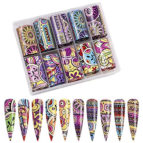 Macute Nail Foil Transfer Stickers Nails Supply Foil Transfers 10 Types Colorful Geometry Nail Foils Set Nail Art Flower Transfer Designs Decals for Women Acrylic Fingernails and Toenails Decorations