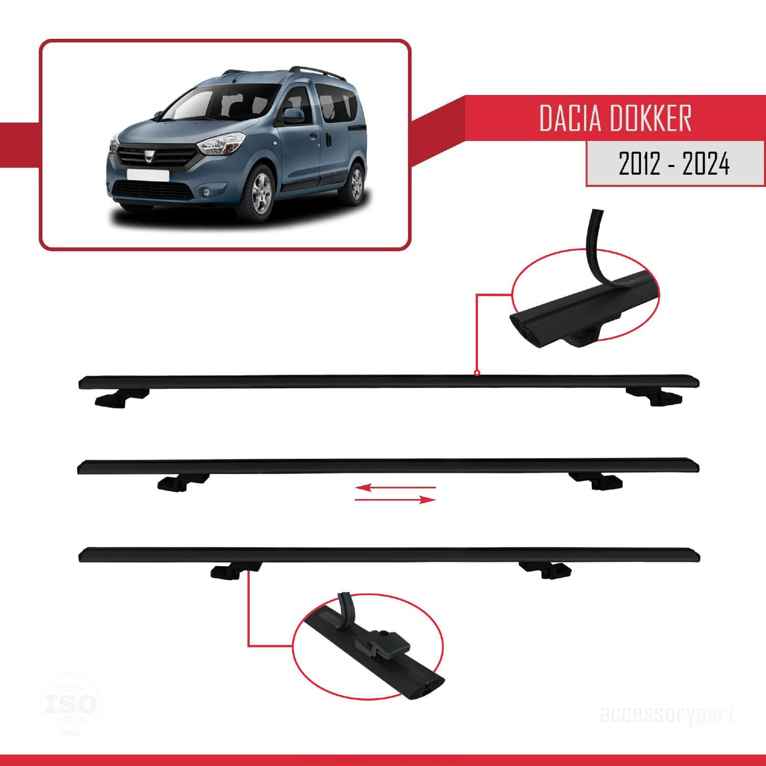Kompatybilny z Dacia Dokker (K67) 2012-2024 BASIC Model Aluminiowy bagażnik dachowy 2 poprzeczki, czarne