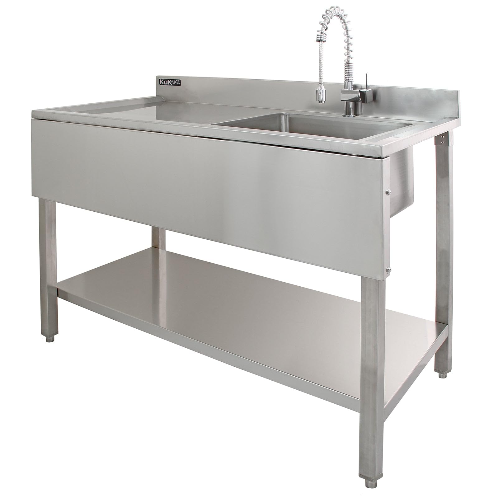 Fregadero de Cocina 120cm Izquierda – Acero Inoxidable 201, Seno Profundo, Escurridor Izquierdo con Pies Ajustables, Protector contra Salpicaduras+Tapón Colador GRATIS, Lavabo Comercial Profesional