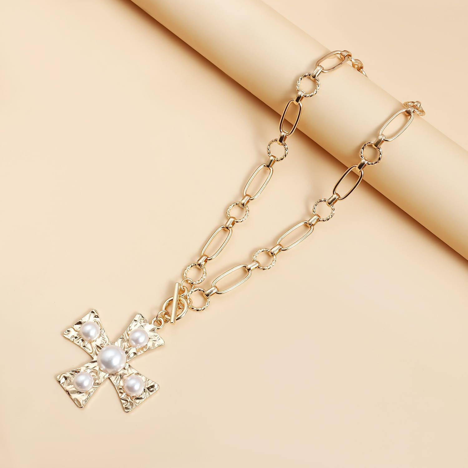 Gold Chunky Cross Necklace for Women Statement Cross Pendant Necklace Layered Hammered Bold Necklace Non Tarnish Vintage Toggle Clasp Necklace Jewelry - Image 6