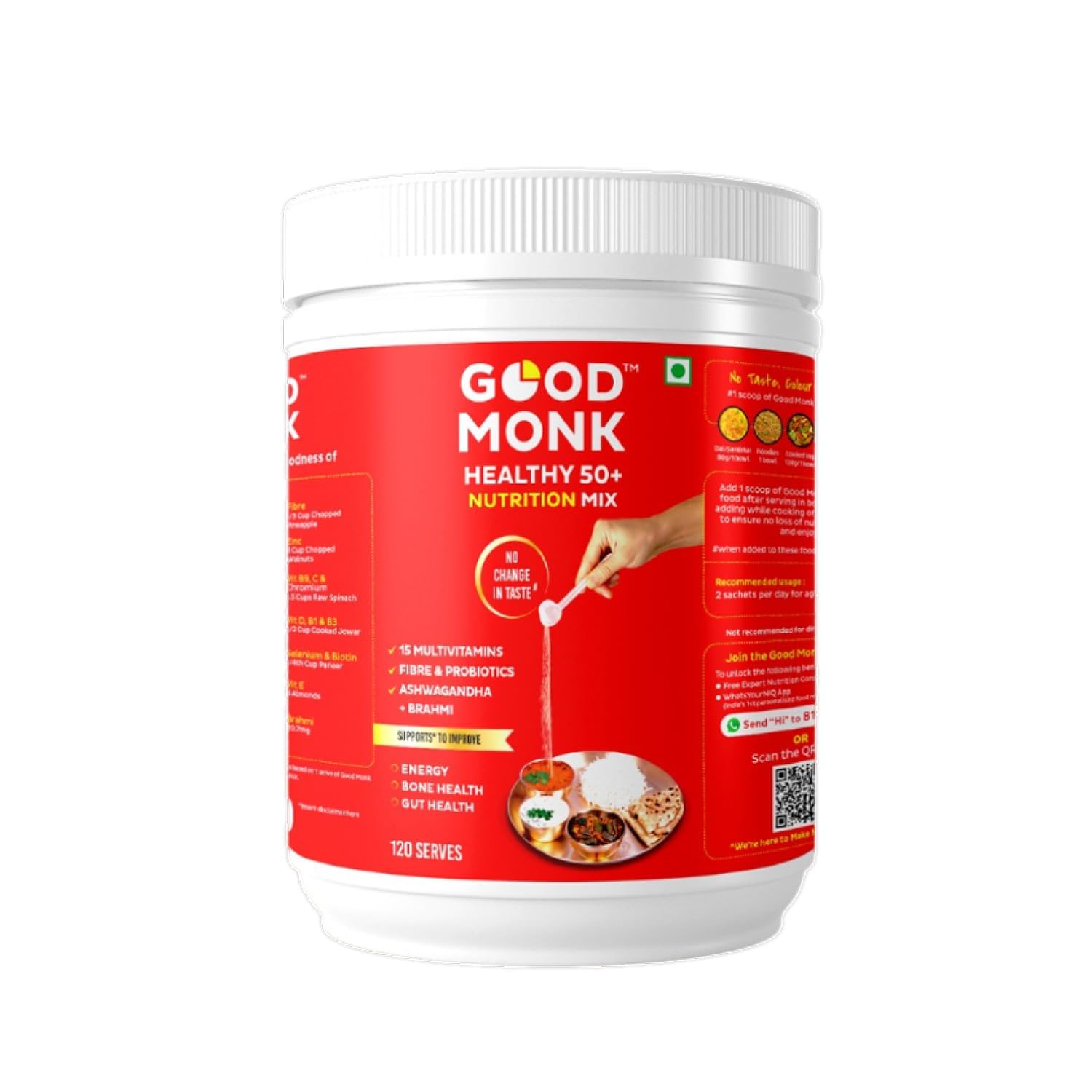 Good Monk Healthy 50+ Nutrition Mix for Seniors (Add to Food): Multivitamins, Probiotics, Fibre & Ashwagandha. Improves Gut Health, Immunity, Bone Health & Mental Function. Includes Vit. B12, C, D, Biotin, Iron & Zinc - 120 Serves Jar-image-7