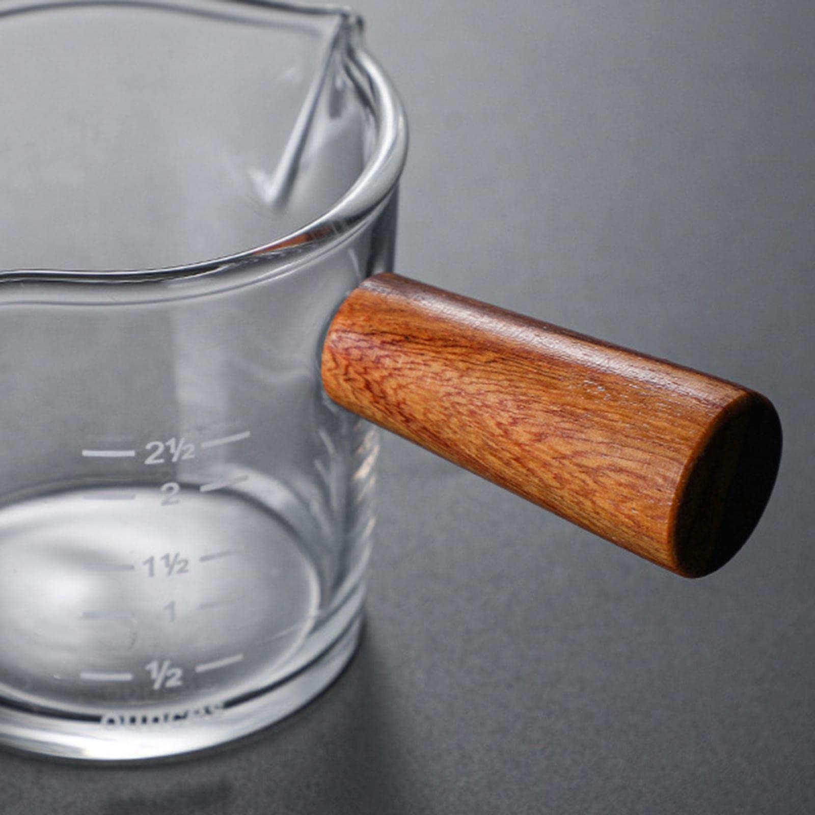 Lot de 5 tasses à mesurer transparentes à double bec avec poignée en bois pour barista Milk Bar B Style B
