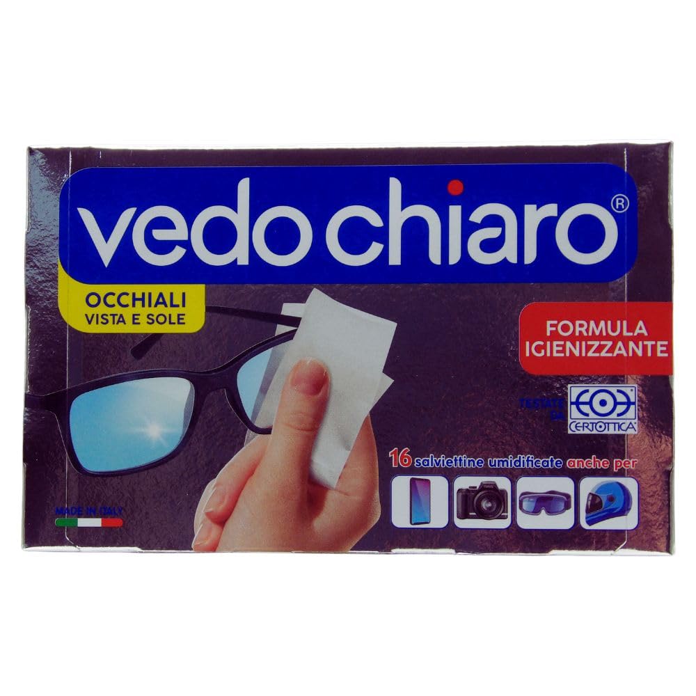 Vedo Chiaro 16 Salviettine Umidificate Monouso Studiate per la Pulizia delle Lenti degli Occhiali, da Vista e da Sole, degli Smartphone, dei Tablet e PC Portatili etc (2 CF da 16)