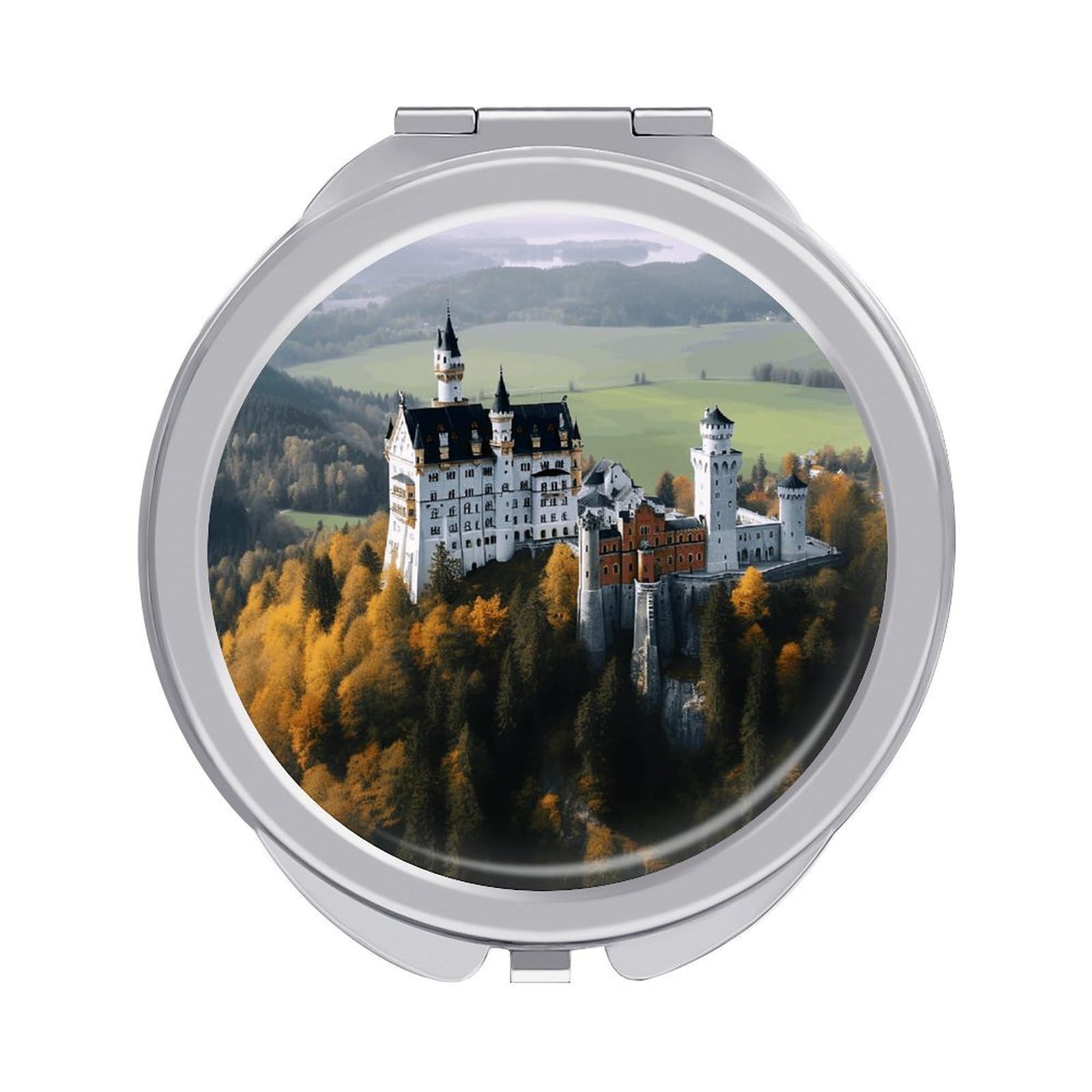 VstaDank Germany Neuschwanstein Castle Travel Makeup Mirror Cute Compact Mirror for Women 1X/2X Magnifying Metal Pocket Makeup Mirrors Folding Round Makeup Mirrors for Handbag Wallet & Gift
