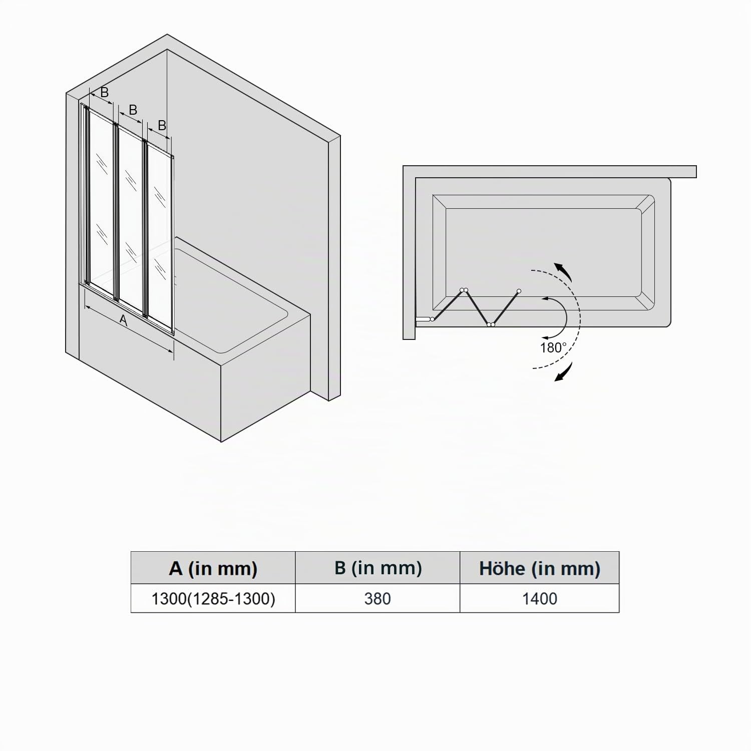 SONNI Duschwand für Badewanne 3-teilig faltbar NANO-GLAS Badewannenaufsatz 130x140 cm(BxH) Duschabtrennung für Badewanne