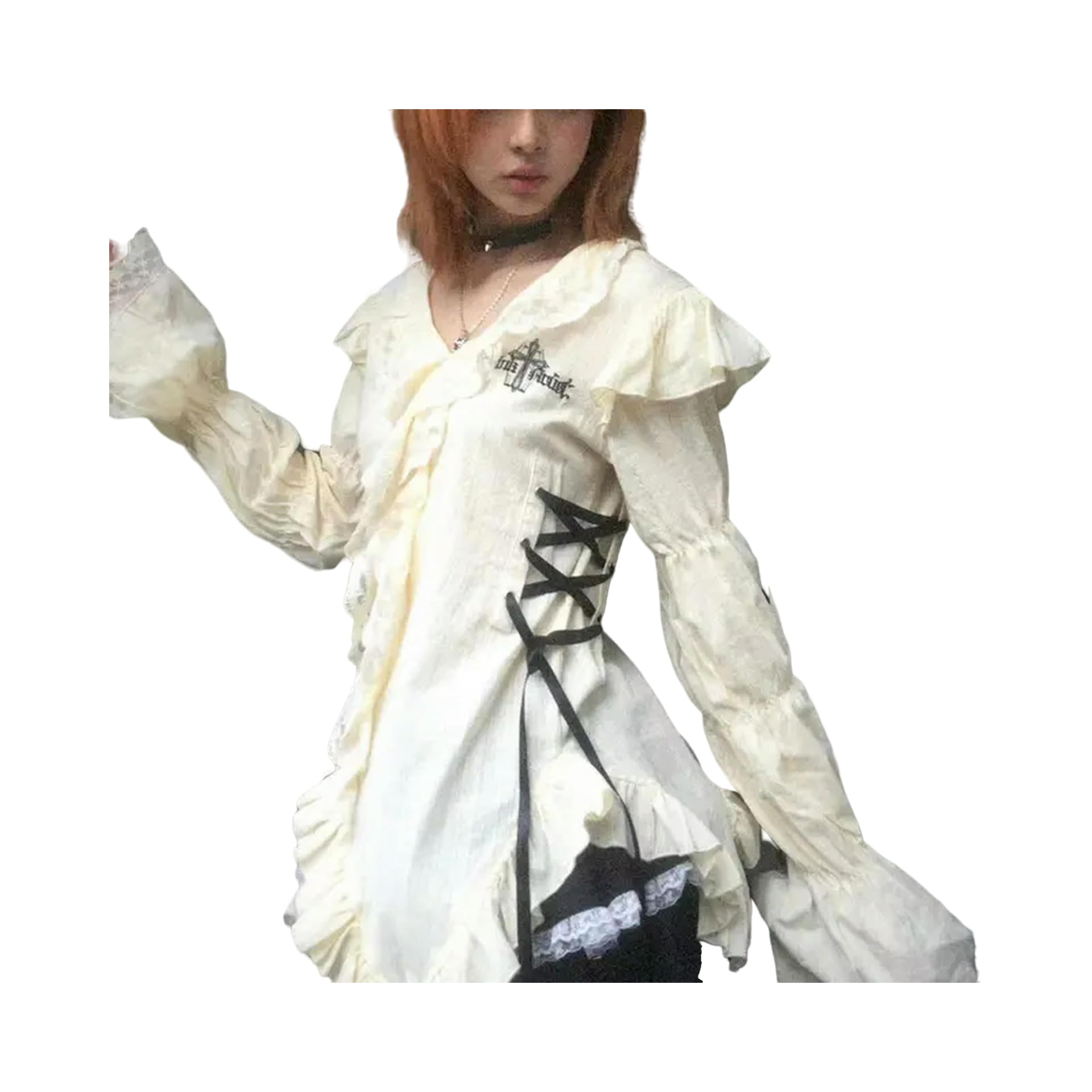 FRESQA 2023 Y2k Aesthetics Lace Shirt Grunge Gothic Irregular Blouses Fairy Harajuku Bandage Shirt Vintage Lolita Clothes