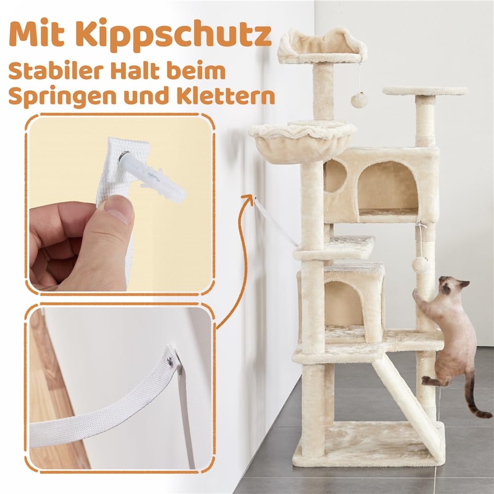 Yaheetech 145 cm Kratzbaum groß Katzenbaum mit Kratzbrett & Korb beige | FSC-zertifizierte Spanplatten | Mehrere Kratzsäulen auf jeder Ebene & zusätzliches Kratzbrett | mit Kippsicherung | Stabil