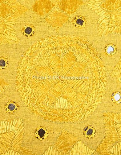 Bohemian Decorative Sofa Throw Pillowcases 16 Inch Cotton Mirrored Embroidered Indian Square Couch Cushion Covers (Size - 40x40 cm ; Color: Yellow) - Set of 4 Pcs (Cover Only)