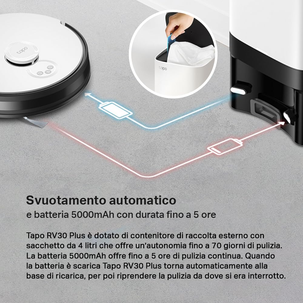 TP-link Tapo RV30 Plus, Robot Aspirapolvere Lavapavimenti, Aspirazione Potenza 4200Pa, Navigazione LiDAR, Mappatura Rapida, Batteria da 5000mAh, Dock di Svuotamento Intelligente, APP&Alexa&Google