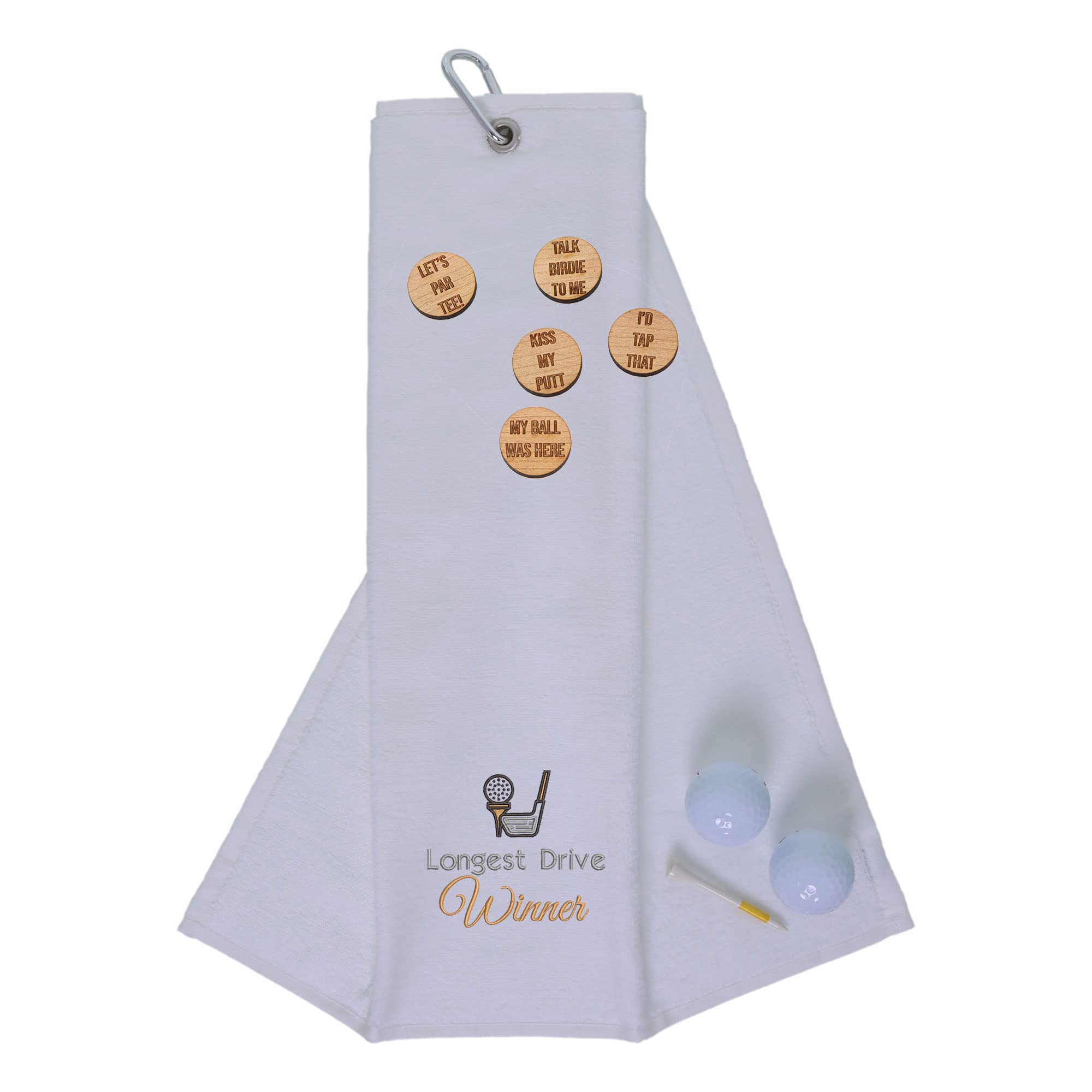 Funny Trifold Golf Towel and Comedy Wooden Ball Marker Set Gift for Men, Carabiner Clip for Golf Bags, Longest Drive, White