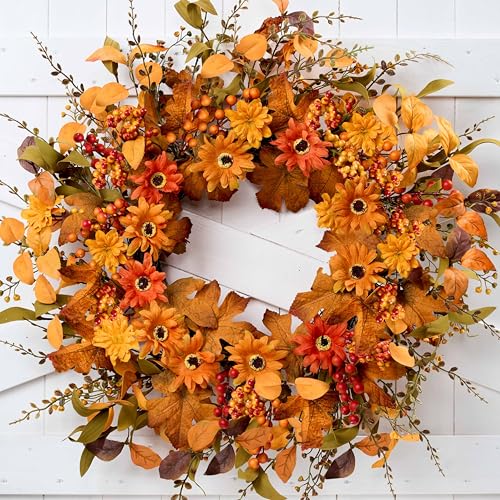 MAINGKAUNG Artificial Fall Wreath 22 Inch Fall Wreaths for Front Door with Orange Berries Daisies...