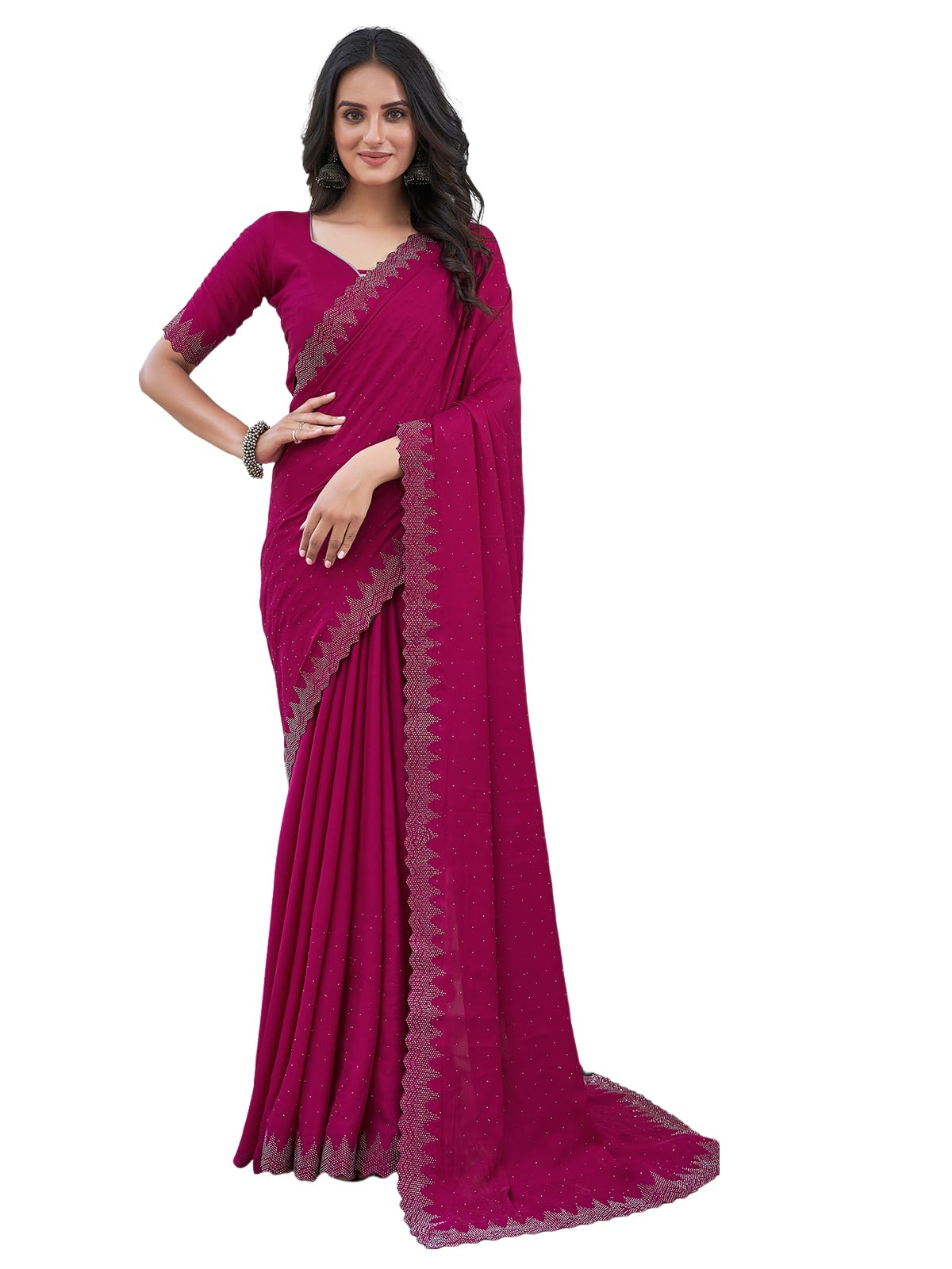 Satrani Women's Satin Hot Fixing Border Embellished Saree With Unstitched Blouse Piece (3762S381N_Dark Magenta)