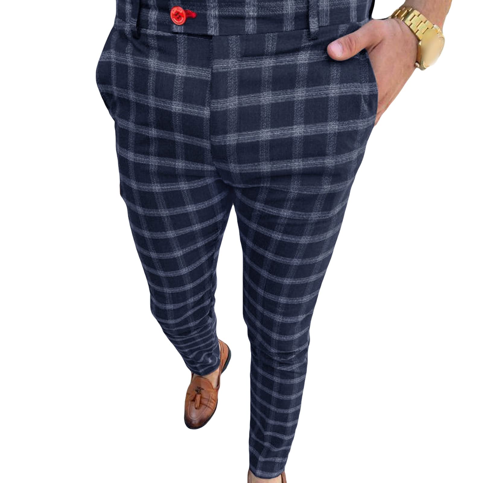 Men Checked Printed Dress Pants Plaid Casual Slim Fit Stretch Pant Stylish Flat Front Business Pencil Trousers