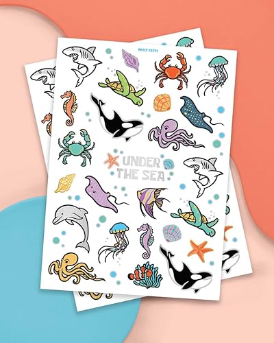 Miniatura 2 de xo, Fetti Tatuajes temporales de criaturas marinas subacuáticas - 50 estilos de purpurina  Suministros para fiestas de cumpleaños de animales