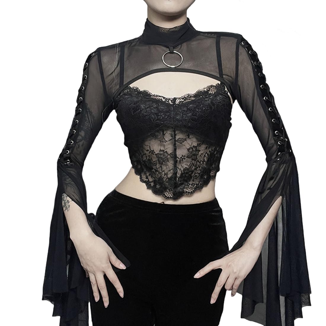Crop Tops Gothic Punk Fishnet Cover Up Bell Sleeve Shawl Mesh Bolero Shrug Cardigan