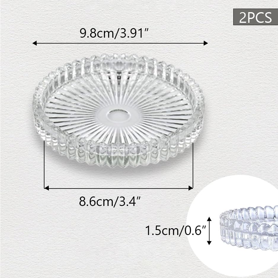 2PCS Clear Glass Pillar Candle Plates?Round Glass Candle Holder?Small Candle Holders for Pillar Glass 3