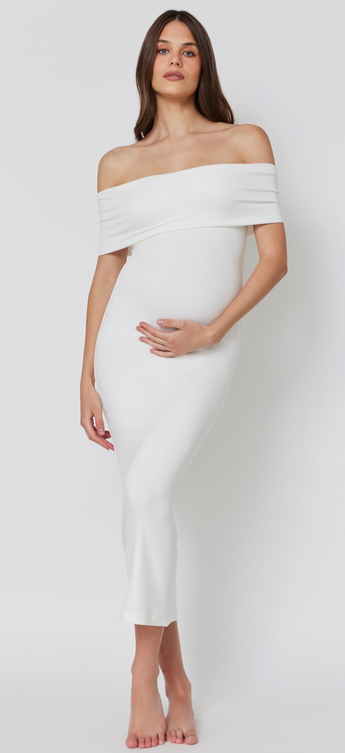 BUMPSUIT Schulterfreies Umstandskleid für Schwangerschaft, dehnbarer Stoff, umklappbarer Ausschnitt, langes Umstandskleid, Maxikleid für Damen