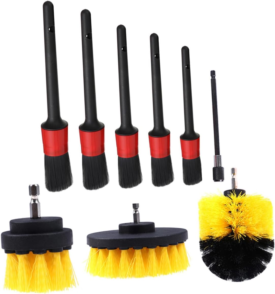 VALICLUD 9pcs Electric Drill Brush Set for Car Detailing, Yellow Scrubber Brushes for Automotive Cleaning, Window, Floor, and Wall Surface Dirt Removal Tools