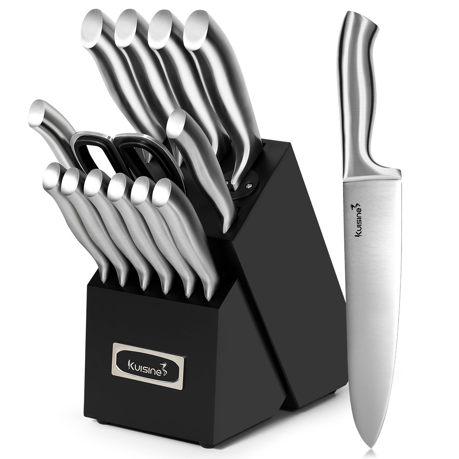 Kuisine Sharp Knife Set,One-piece Molding,Sharper Blade Ergonomic Non-slip Steel Handle,Block Knife Set Chef Knife Set with Built-in Sharpener(Black,15PCS)